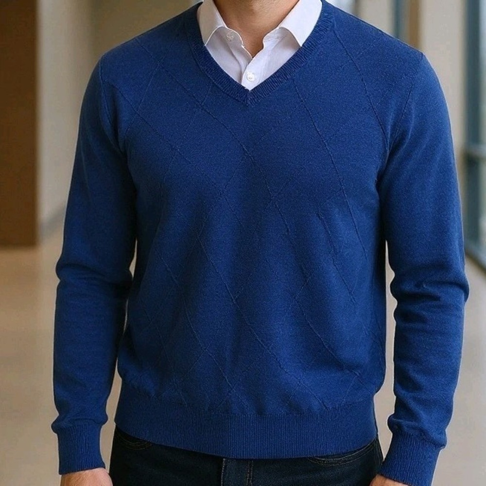 Linea Rosso Patrick Assaraf Blue Merino Wool Blend Diamond V-Neck Sweater Men XL